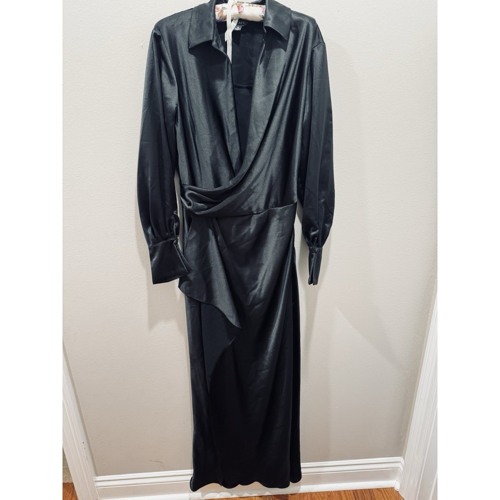 Xscape Black Satin Shirtdress Gown Size 8 Long Sleeve Formal $288 NEW Wedding - Picture 3 of 8